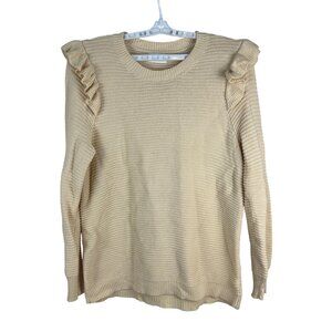 First Love Womens Beige Ruffle Shoulder Sweater Size M Acrylic/Cotton Knit